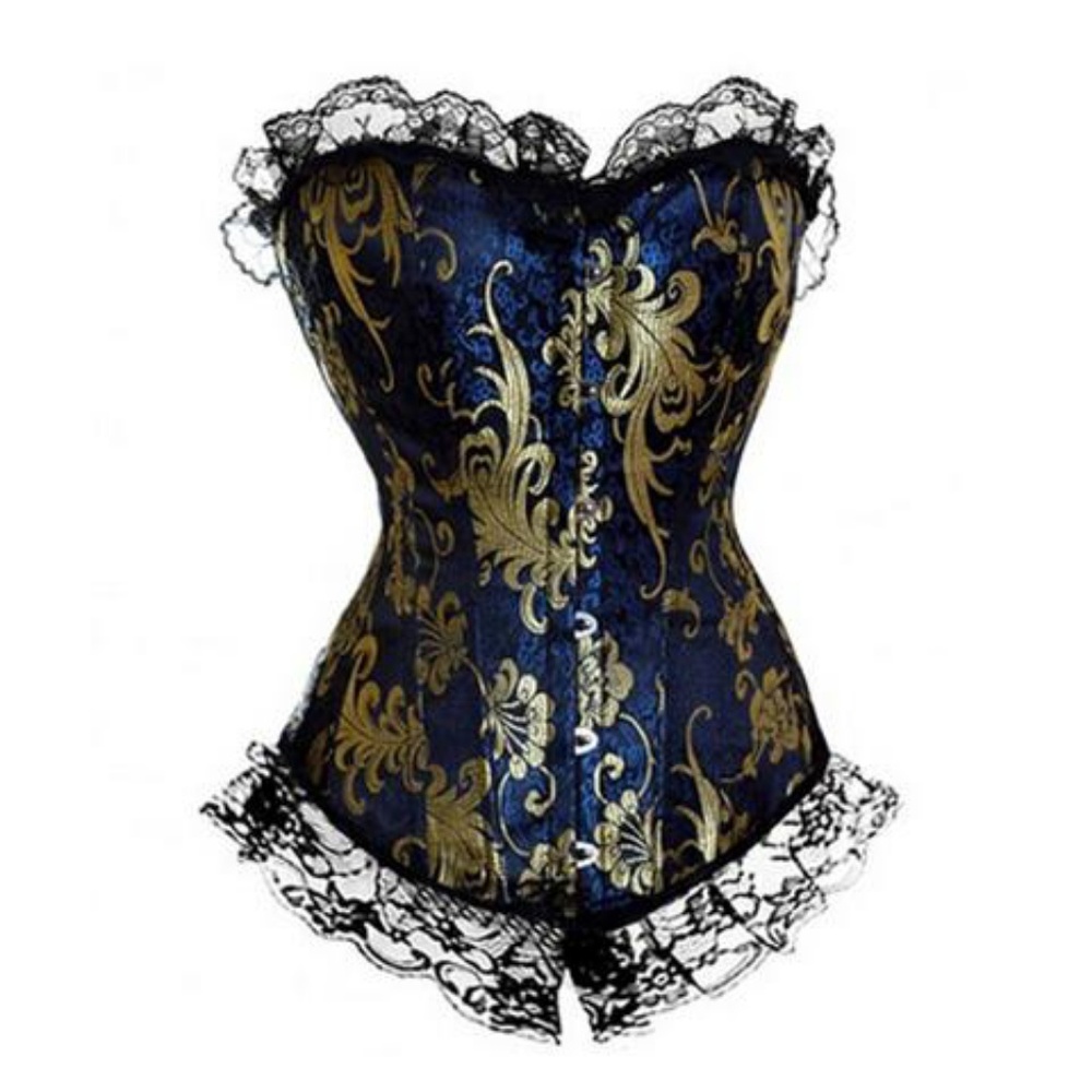 Blue Gold Floral Metallic Brocade Corset Bustier L